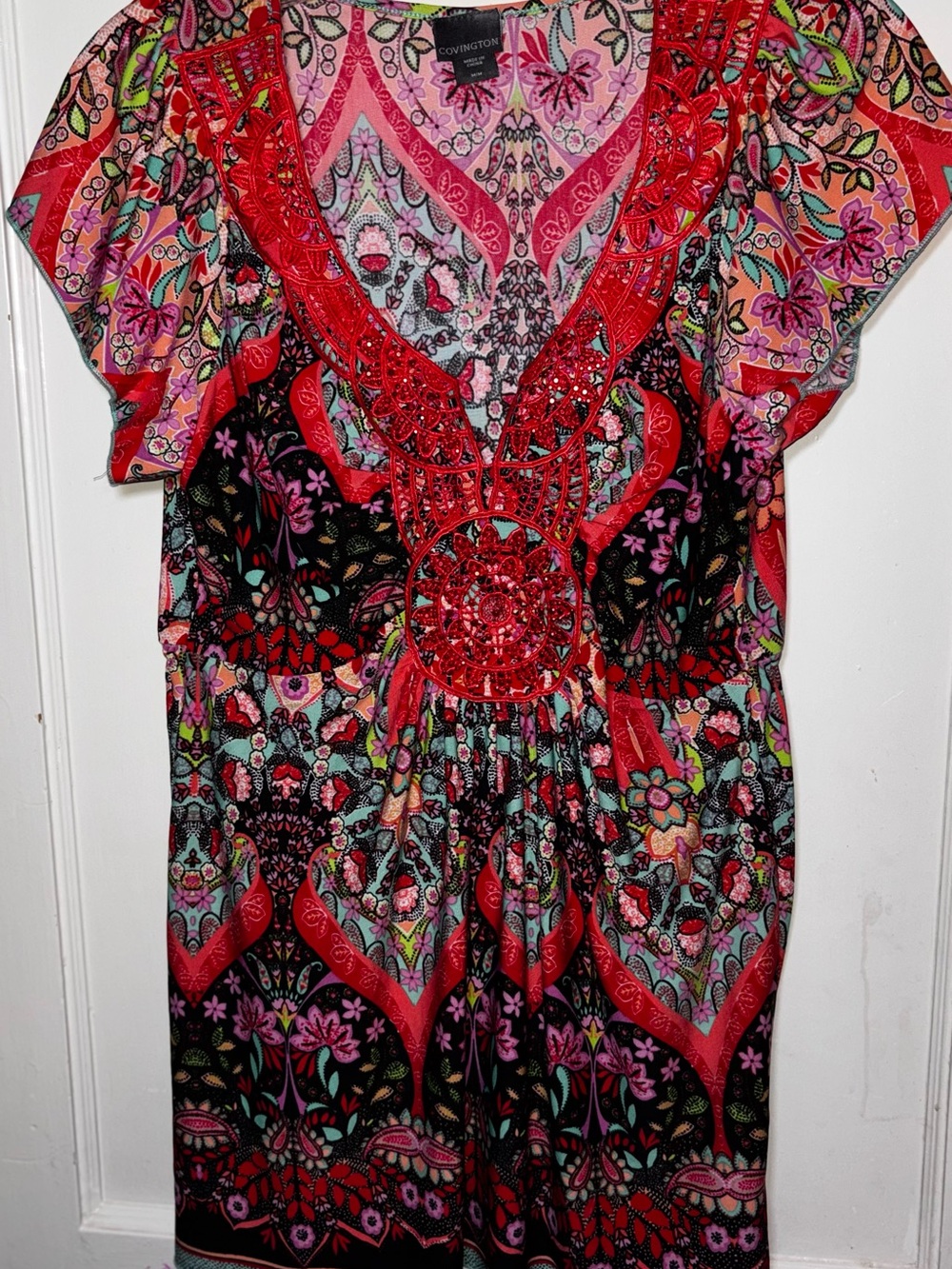 Vintage Y2K Covington Floral Embellished V-Neck Baby Doll Blouse Size M